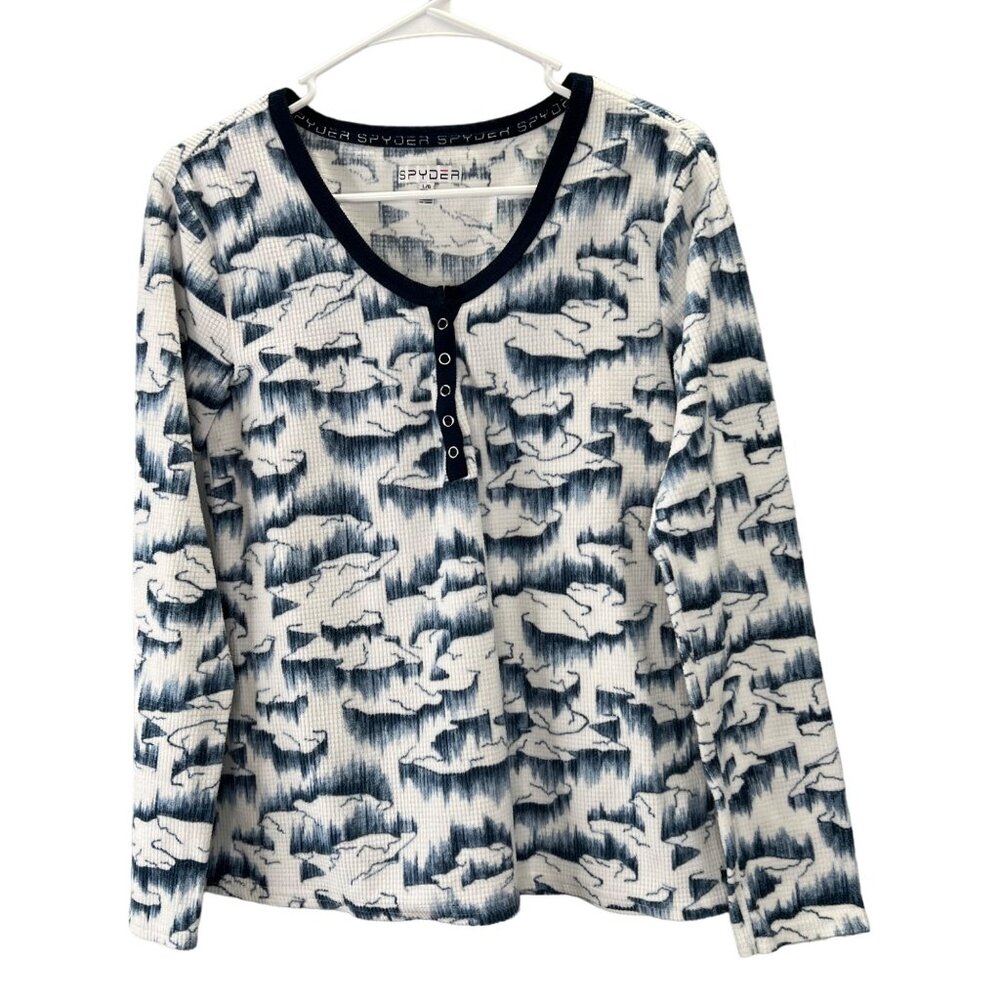 Spyder Thermal Waffle Knit Shirt L Women Blue White Watercolor Abstract Snap
